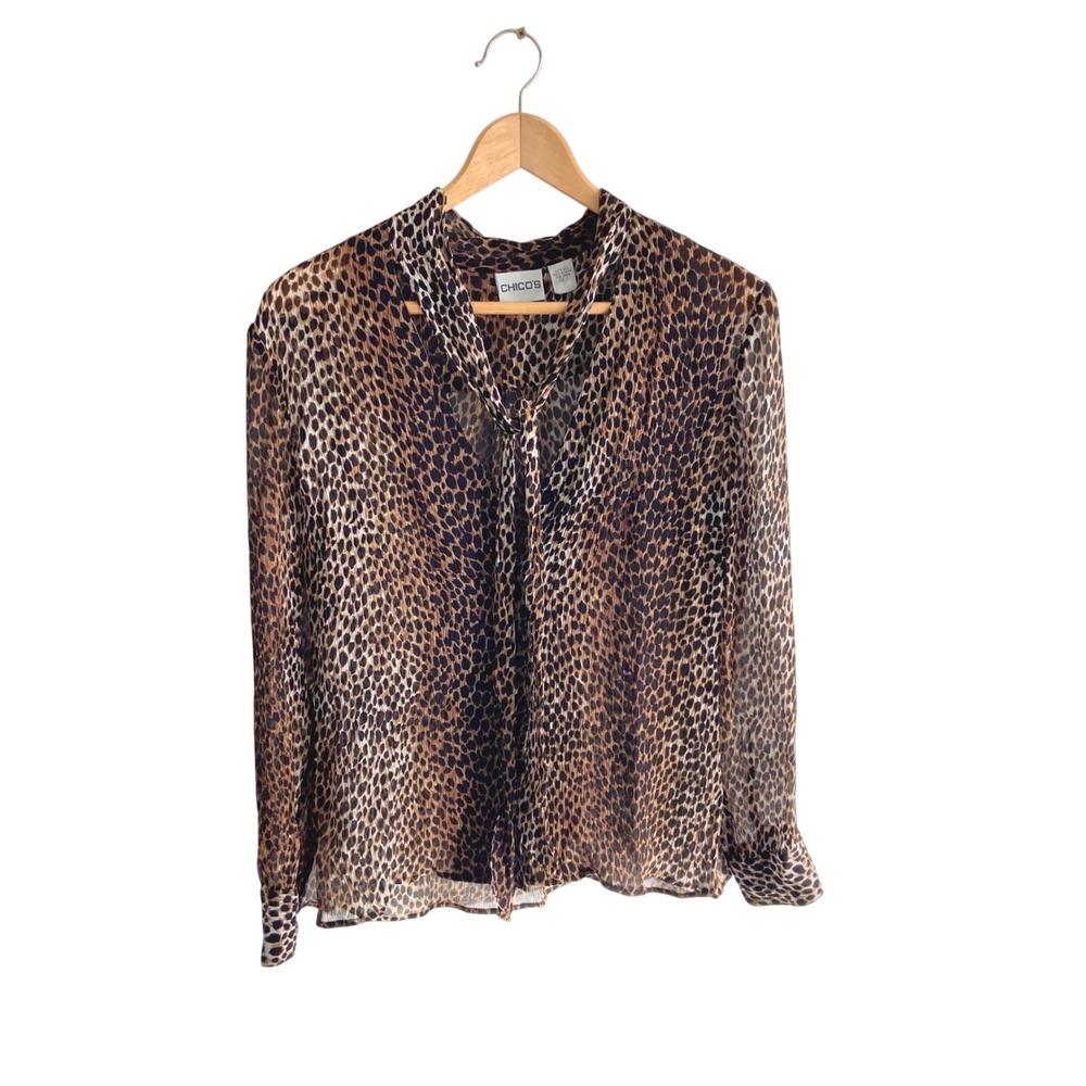 Chicos Silk Leopard Print‎ Tie Neck Blouse Brown Black Animal Print Size 1